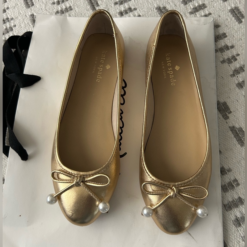 Kate Spade Gold Loafers with Bow Detail